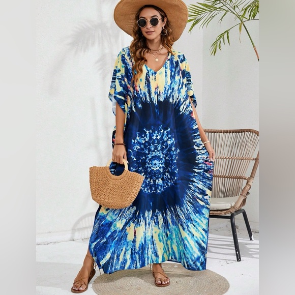 New Beach Kaftan Maxi Dress Cover Up Vibrant Color Bathing Suit Cover Up Caftan - Picture 1 of 12